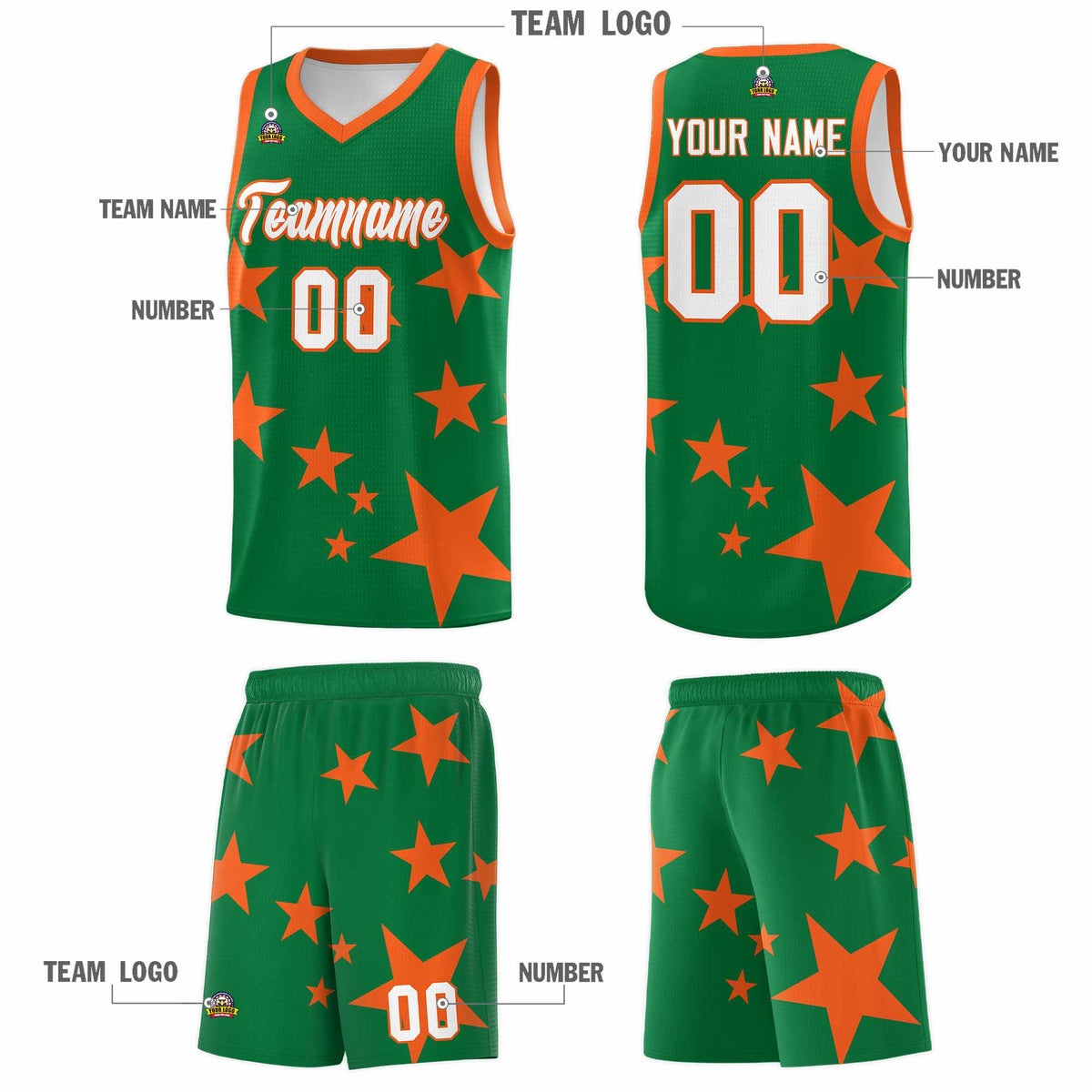 Custom Kelly Green Orange Graffiti Pattern Star Print Basketball Jersey Kits|KXKSHOP