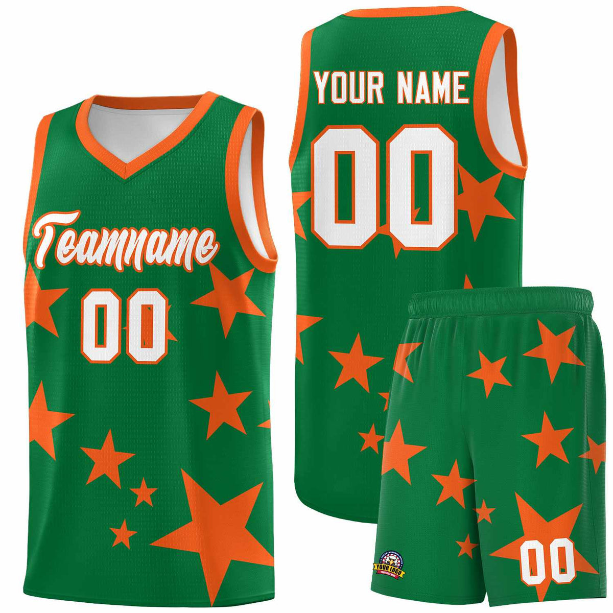 Custom Kelly Green Orange Graffiti Pattern Star Print Basketball Jersey Kits|KXKSHOP