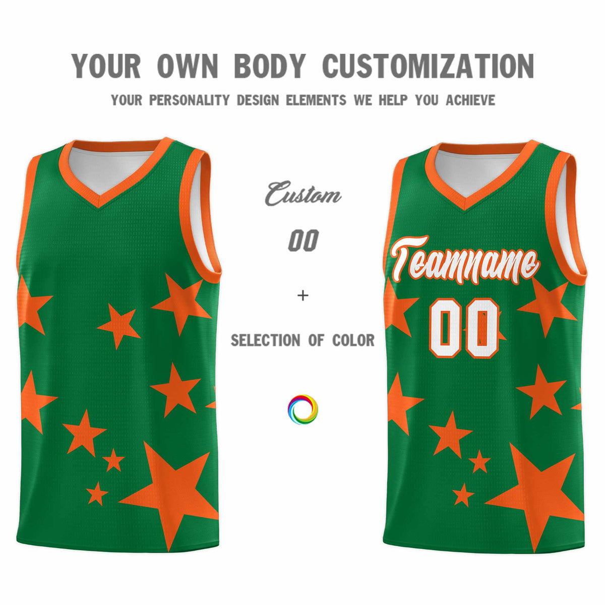 Custom Kelly Green Orange Graffiti Pattern Star Print Basketball Jersey Kits|KXKSHOP