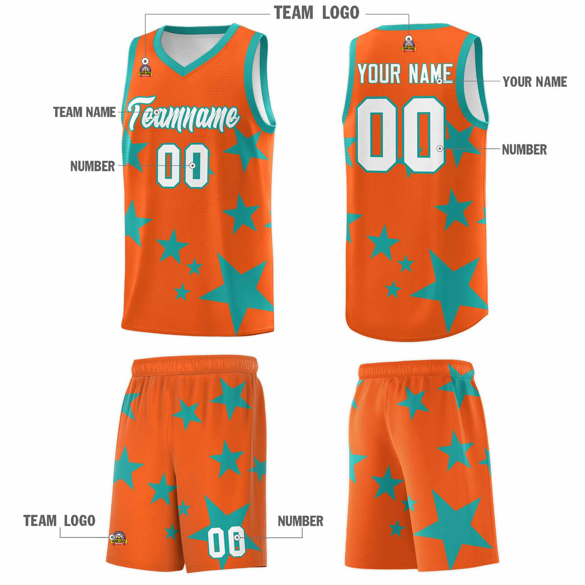 Custom Orange Aqua Graffiti Pattern Star Print Basketball Jersey Kits|KXKSHOP