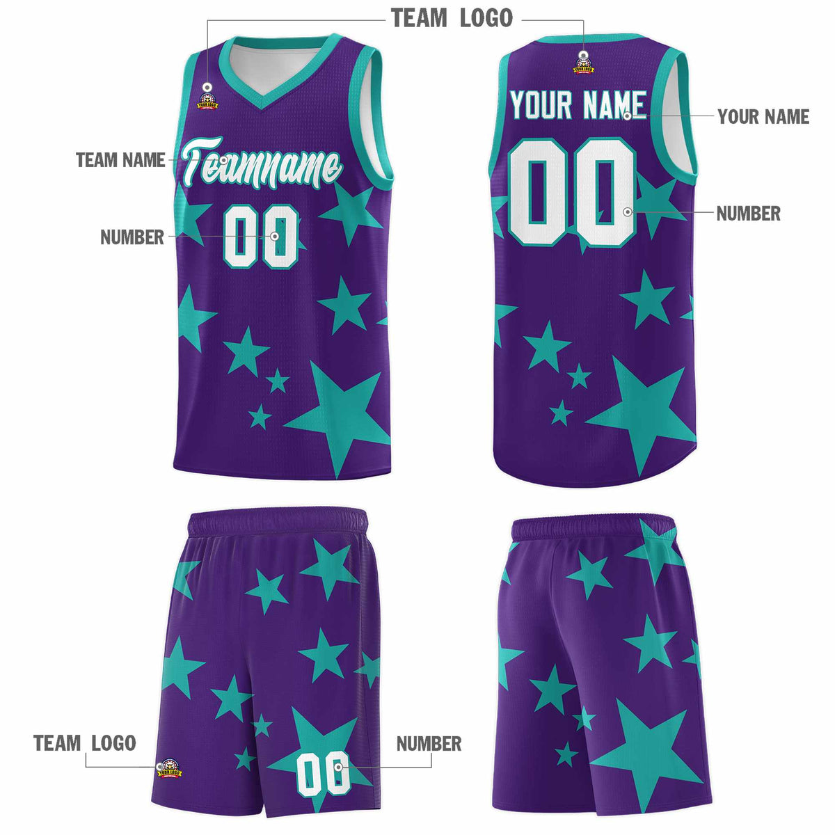 Custom Purple Aqua Graffiti Pattern Star Print Basketball Jersey Kits|KXKSHOP