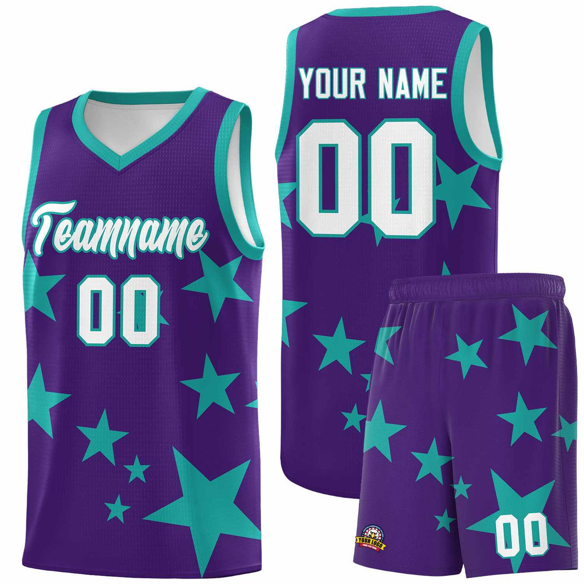 Custom Purple Aqua Graffiti Pattern Star Print Basketball Jersey Kits|KXKSHOP