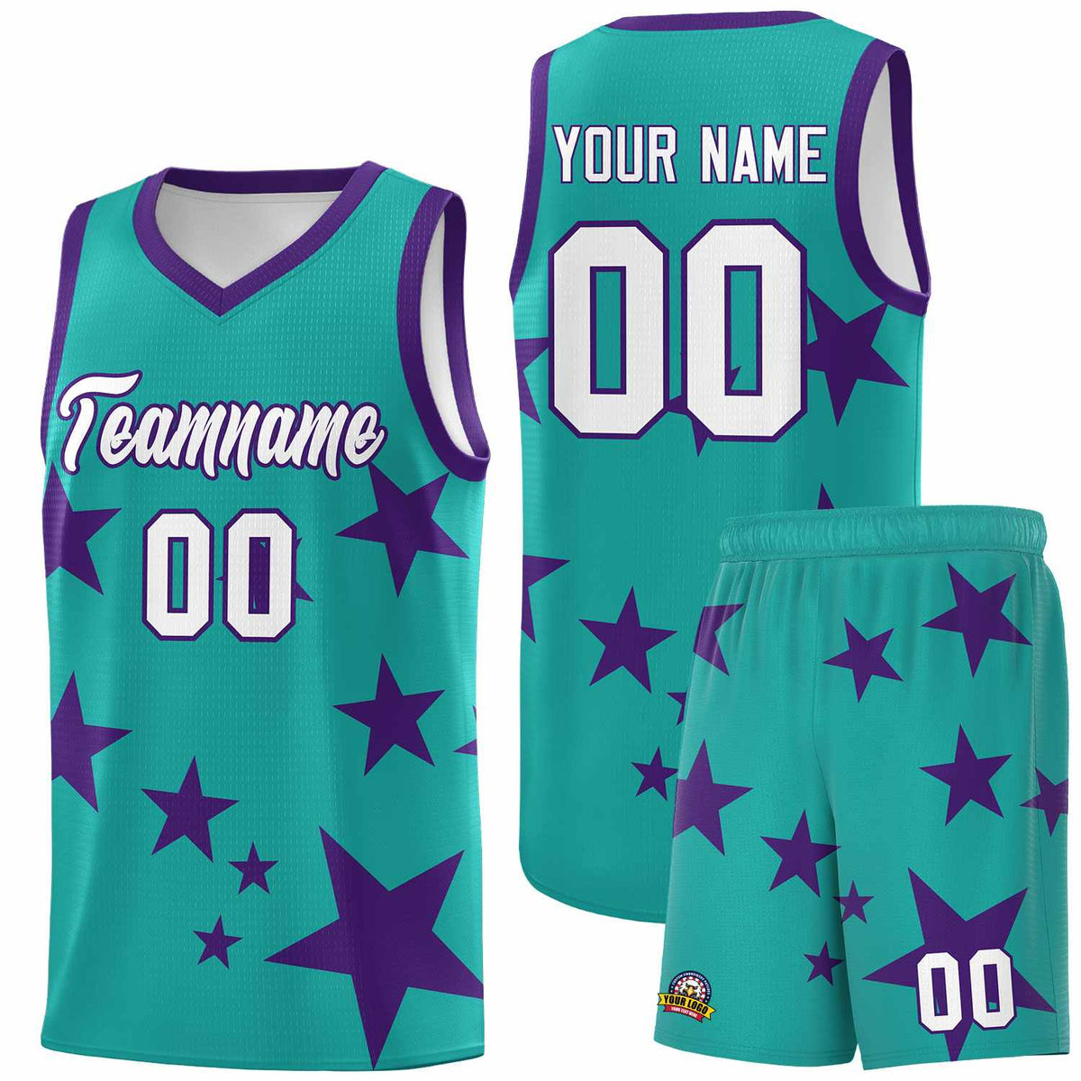 Custom Aqua Purple Graffiti Pattern Star Print Basketball Jersey Kits|KXKSHOP