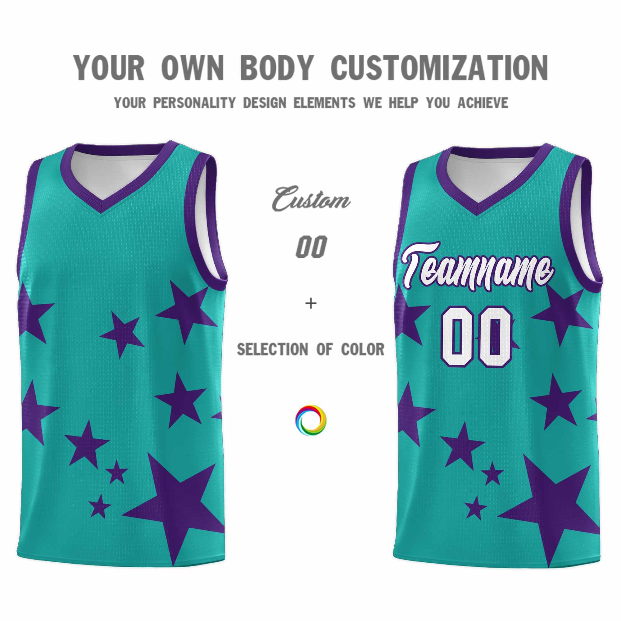 Custom Aqua Purple Graffiti Pattern Star Print Basketball Jersey Kits|KXKSHOP