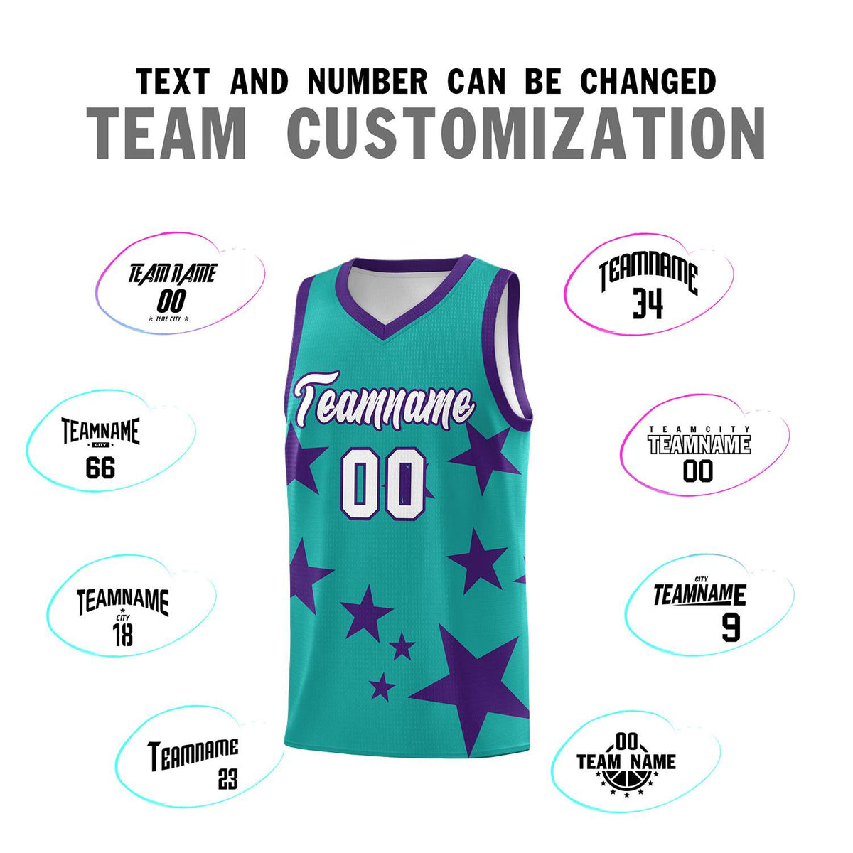 Custom Aqua Purple Graffiti Pattern Star Print Basketball Jersey Kits|KXKSHOP