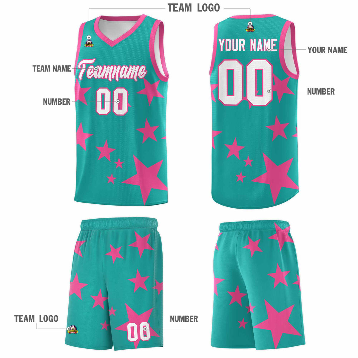 Custom Aqua Pink Graffiti Pattern Star Print Basketball Jersey Kits|KXKSHOP