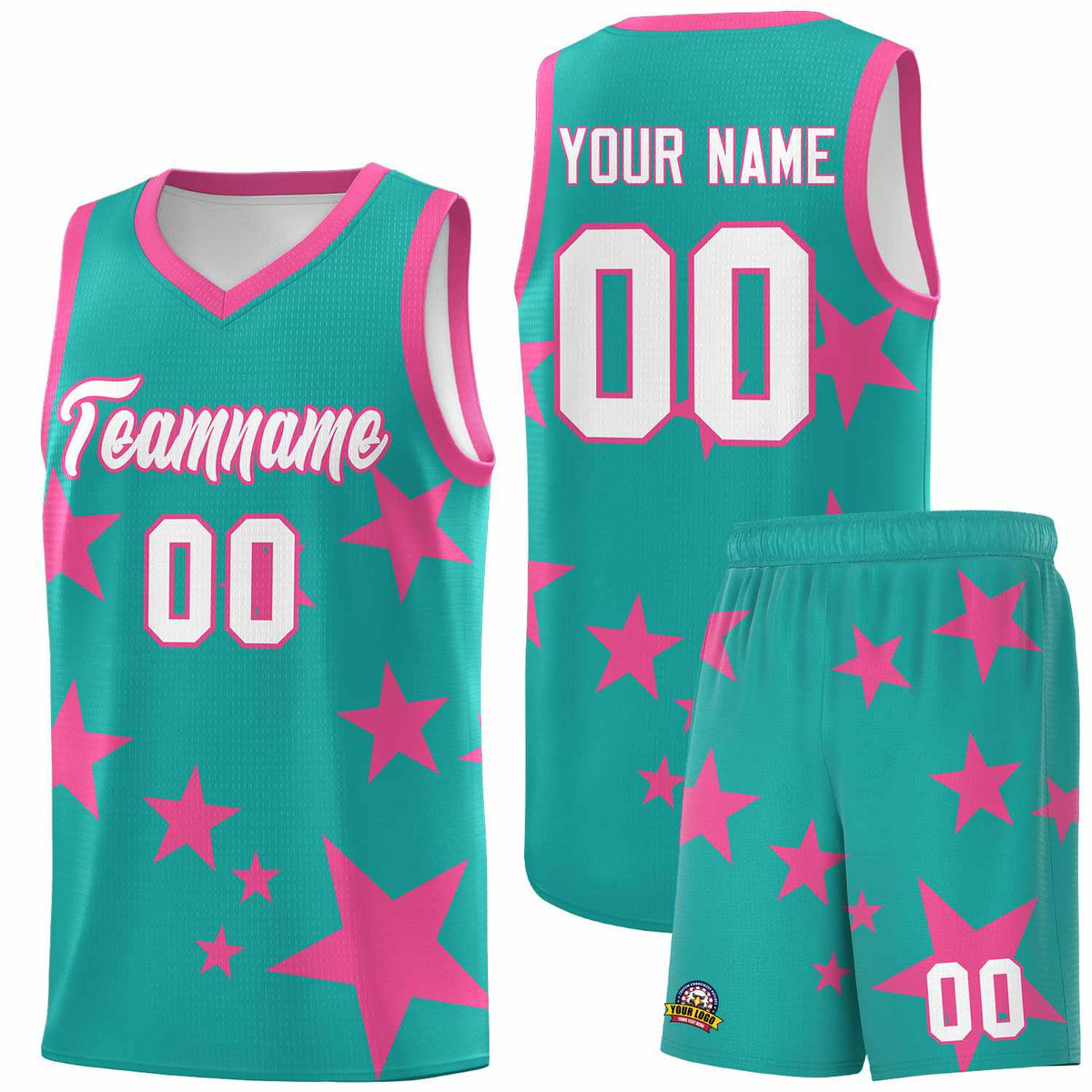 Custom Aqua Pink Graffiti Pattern Star Print Basketball Jersey Kits|KXKSHOP