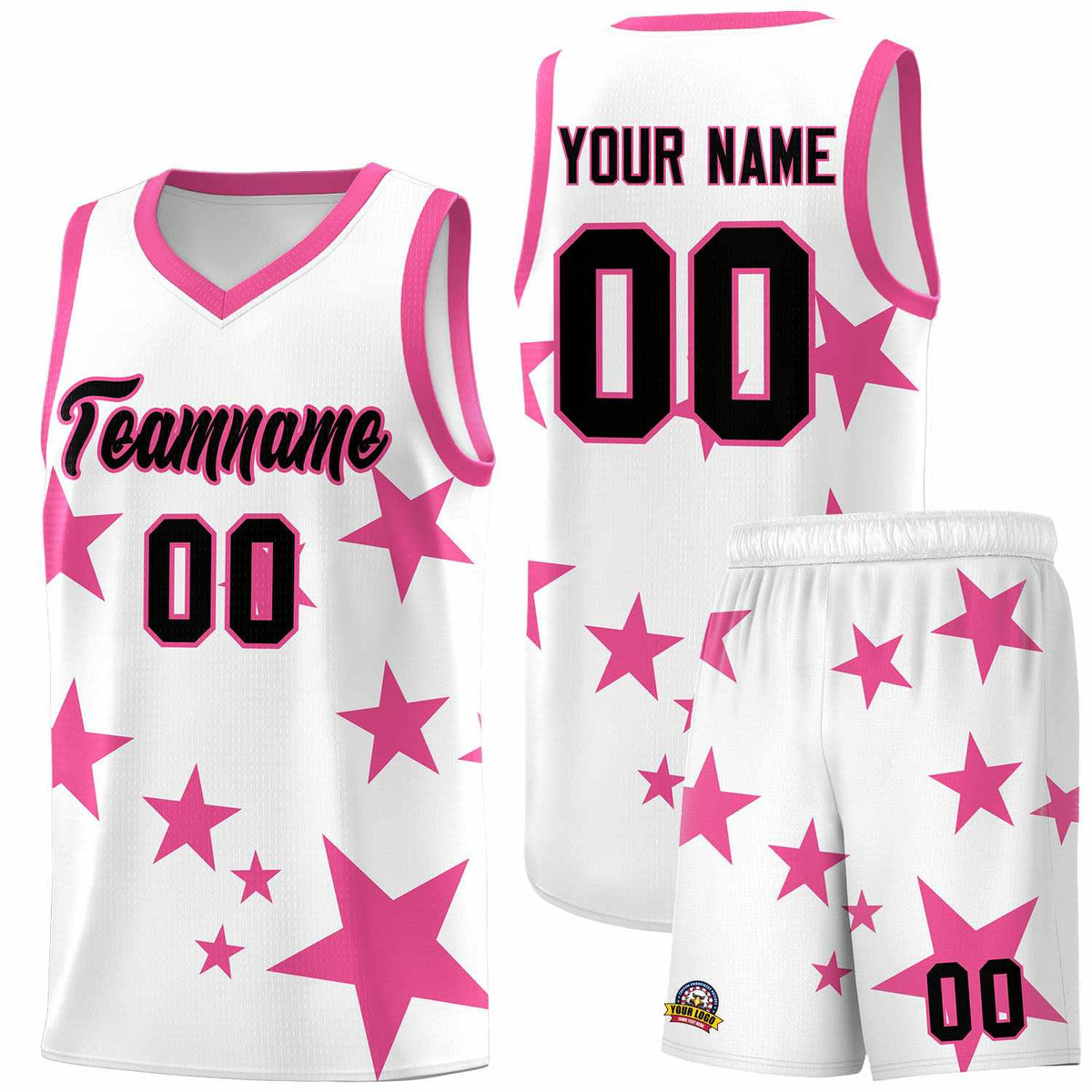 Custom White Pink Graffiti Pattern Star Print Basketball Jersey Kits|KXKSHOP