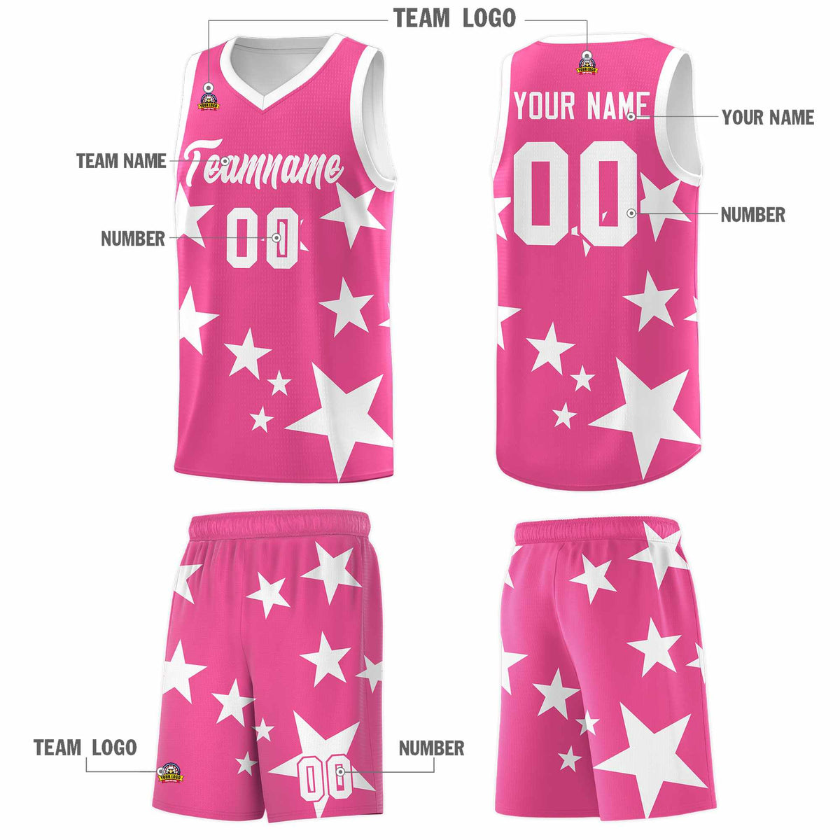 Custom Pink White Graffiti Pattern Star Print Basketball Jersey Kits|KXKSHOP