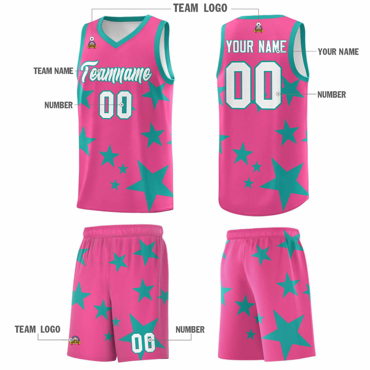 Custom Pink Aqua Graffiti Pattern Star Print Basketball Jersey Kits|KXKSHOP