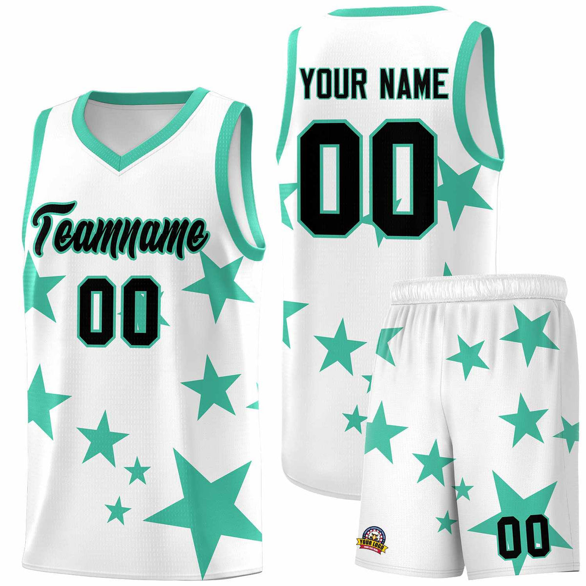 Custom White Bright Green Graffiti Pattern Star Print Basketball Jersey Kits|KXKSHOP