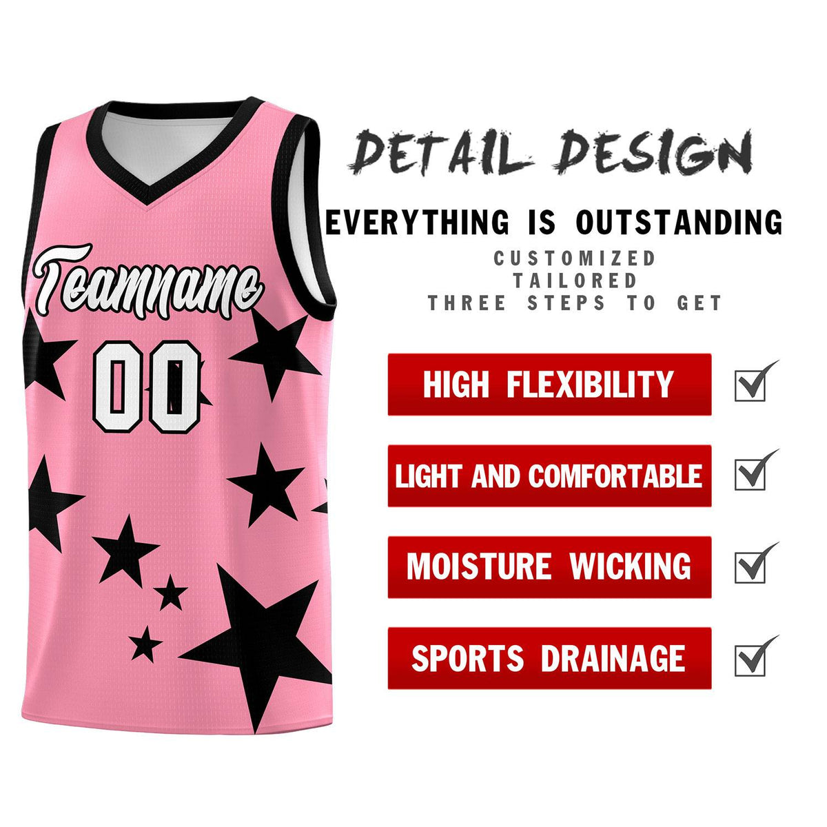 Custom Light Pink Black Graffiti Pattern Star Print Basketball Jersey Kits|KXKSHOP