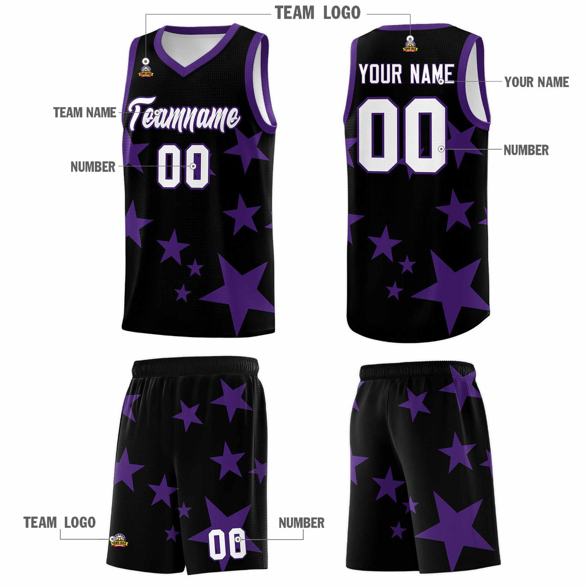 Custom Black Purple Graffiti Pattern Star Print Basketball Jersey Kits|KXKSHOP