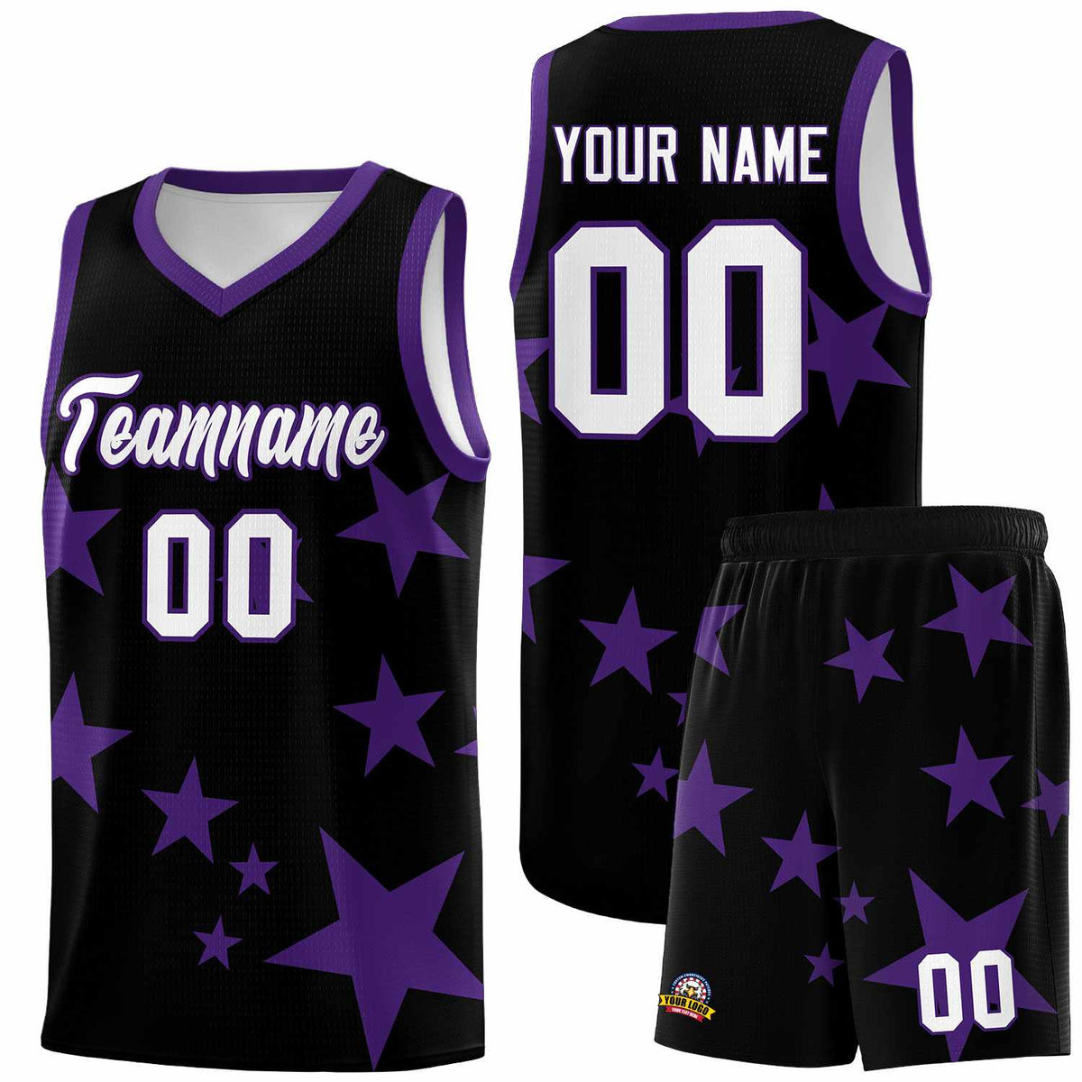 Custom Black Purple Graffiti Pattern Star Print Basketball Jersey Kits|KXKSHOP