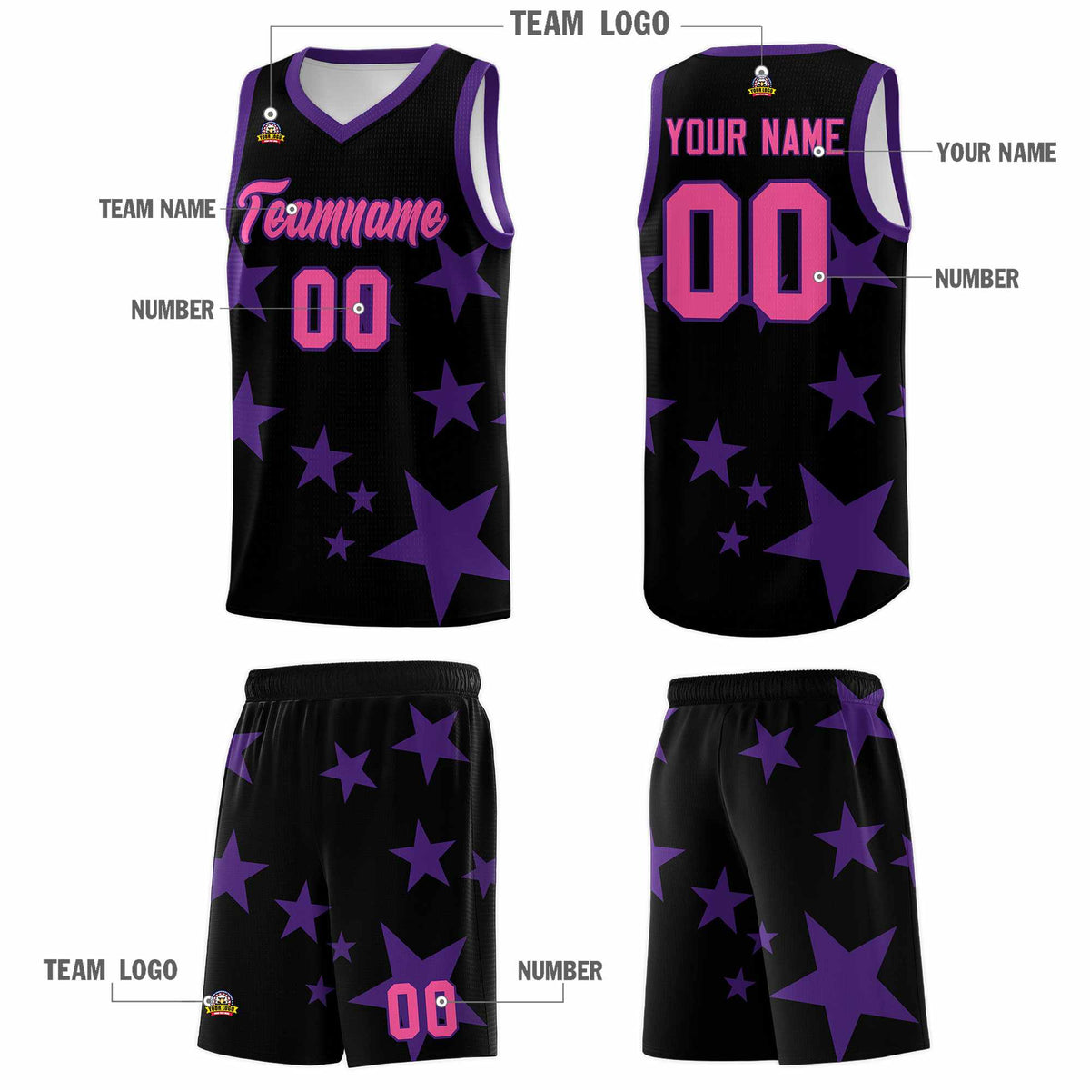 Custom Black Purple Graffiti Pattern Star Print Basketball Jersey Kits|KXKSHOP