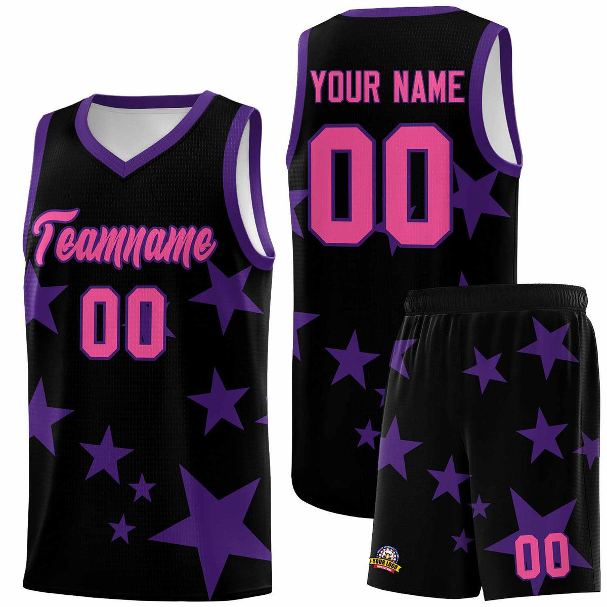 Custom Black Purple Graffiti Pattern Star Print Basketball Jersey Kits|KXKSHOP