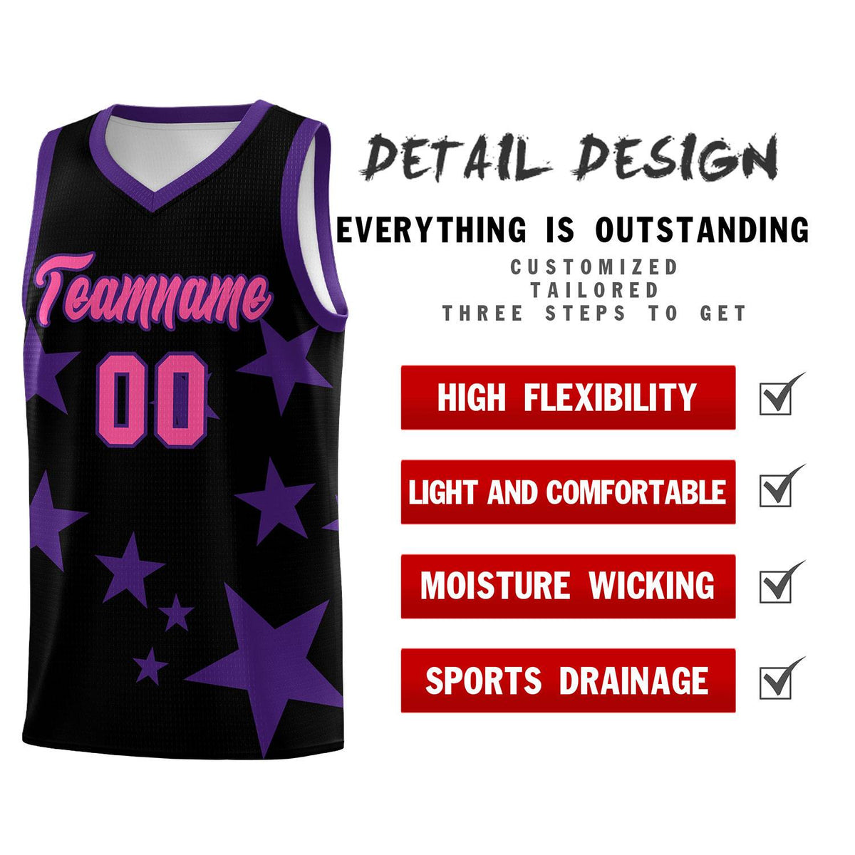 Custom Black Purple Graffiti Pattern Star Print Basketball Jersey Kits|KXKSHOP