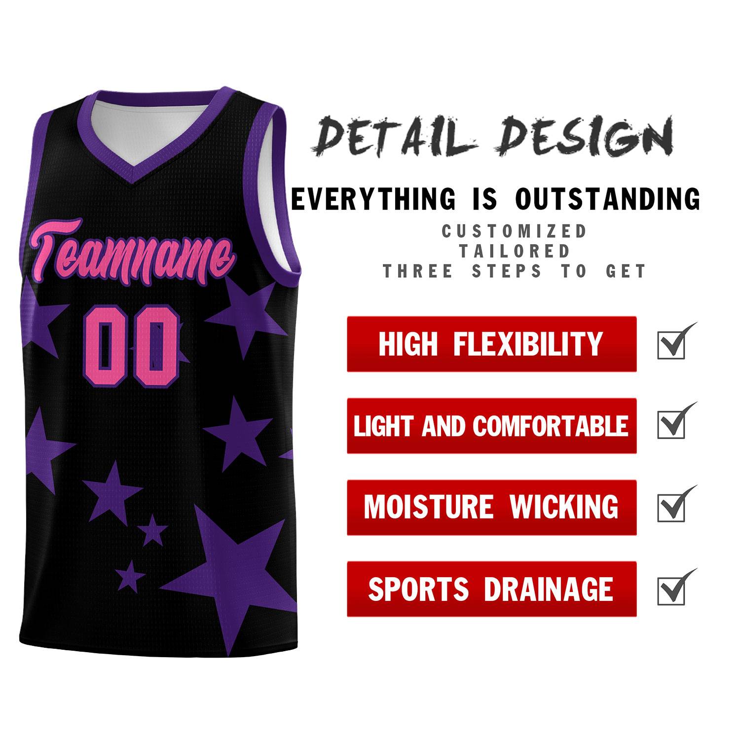 Custom Black Purple Graffiti Pattern Star Print Basketball Jersey Kits|KXKSHOP