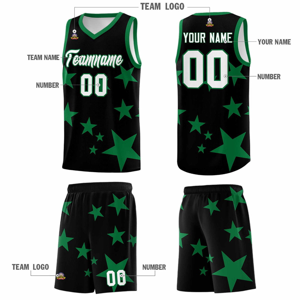 Custom Black Kelly Green Graffiti Pattern Star Print Basketball Jersey Kits|KXKSHOP