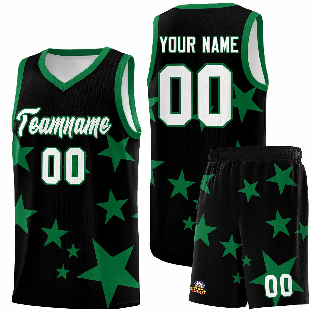 Custom Black Kelly Green Graffiti Pattern Star Print Basketball Jersey Kits|KXKSHOP