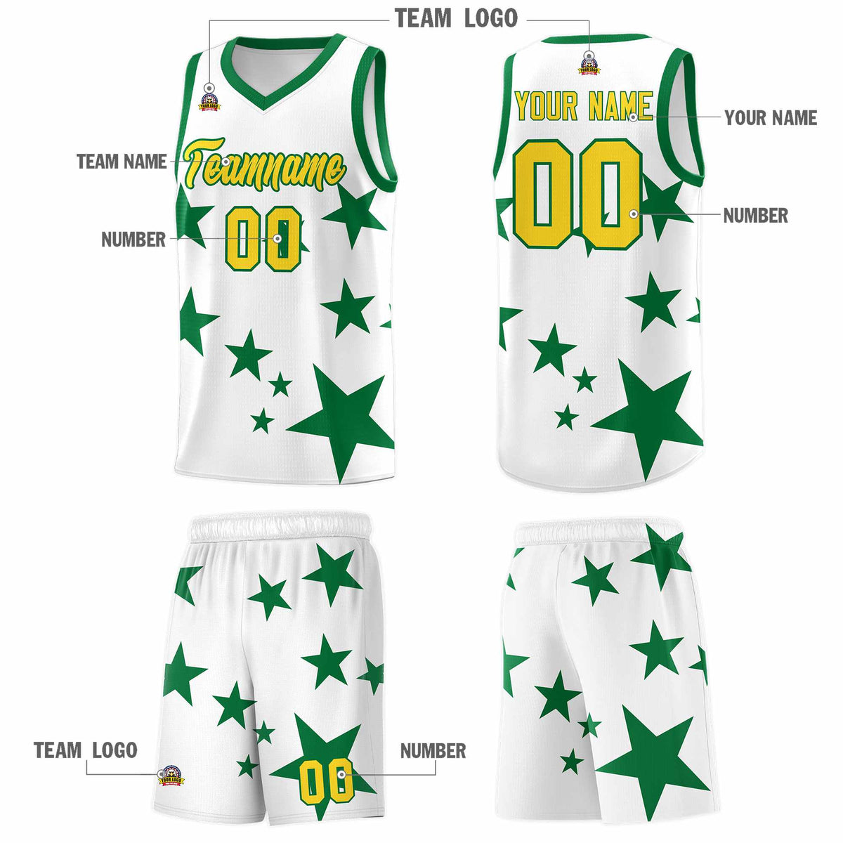 Custom White Kelly Green Graffiti Pattern Star Print Basketball Jersey Kits|KXKSHOP
