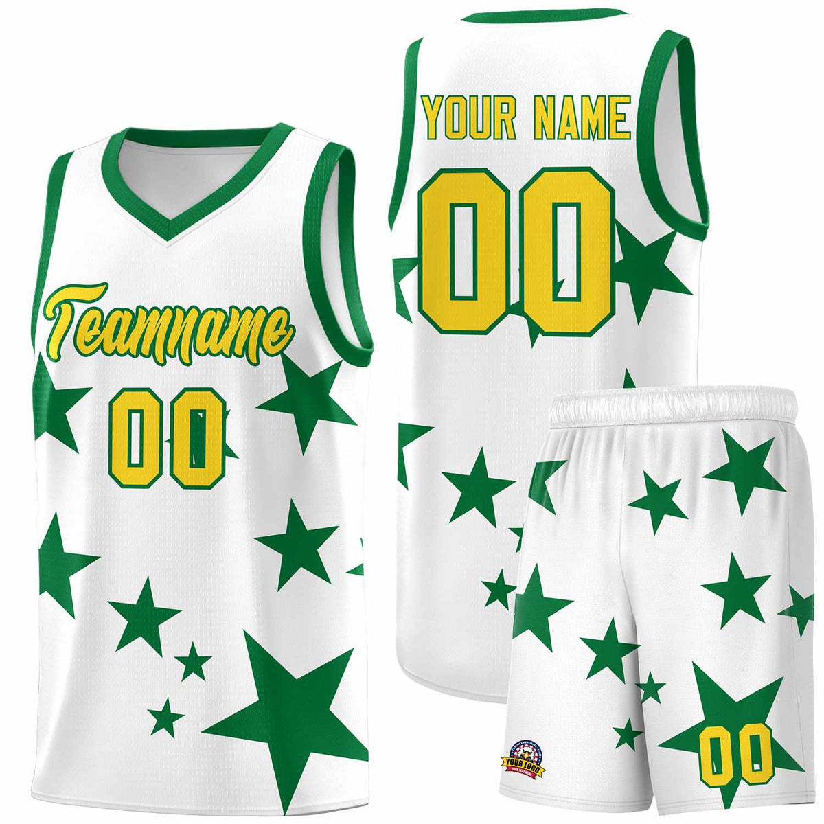 Custom White Kelly Green Graffiti Pattern Star Print Basketball Jersey Kits|KXKSHOP