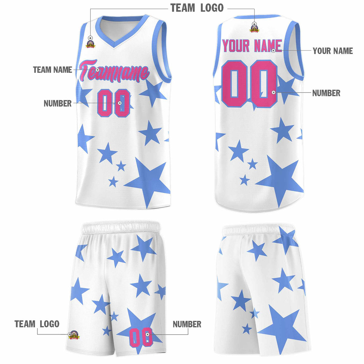 Custom White Light Blue Graffiti Pattern Star Print Basketball Jersey Kits|KXKSHOP