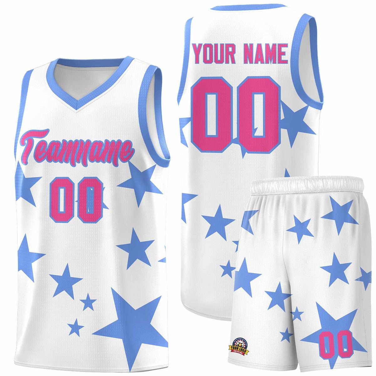 Custom White Light Blue Graffiti Pattern Star Print Basketball Jersey Kits|KXKSHOP