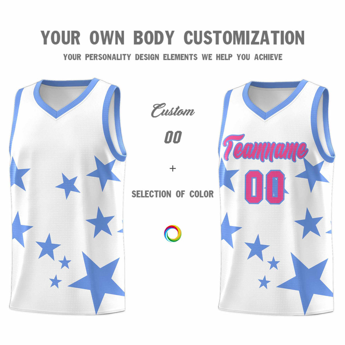 Custom White Light Blue Graffiti Pattern Star Print Basketball Jersey Kits|KXKSHOP