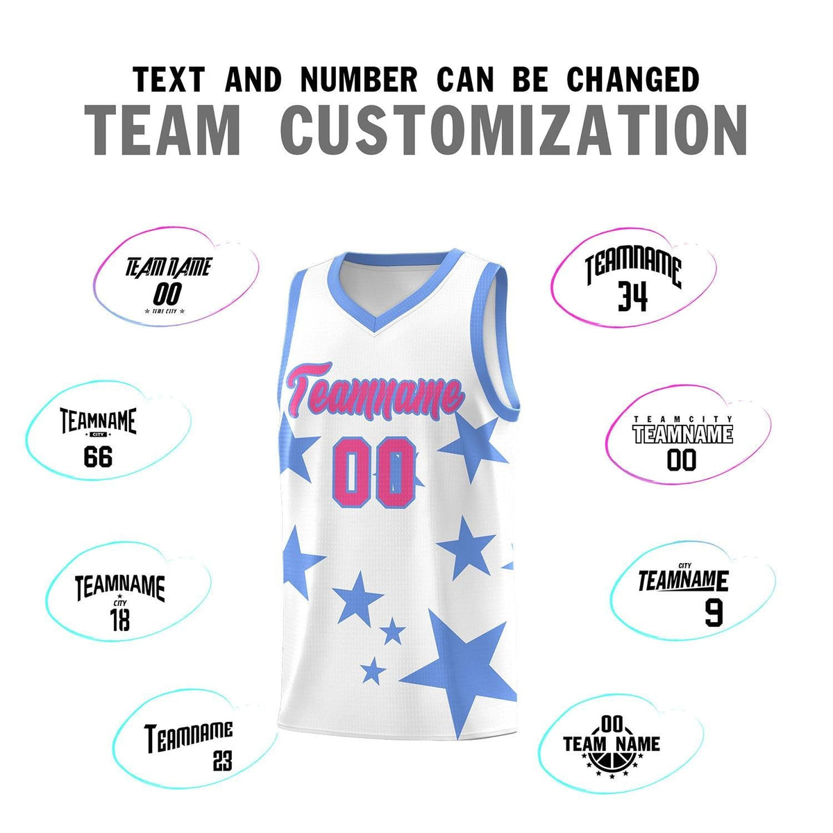 Custom White Light Blue Graffiti Pattern Star Print Basketball Jersey Kits|KXKSHOP