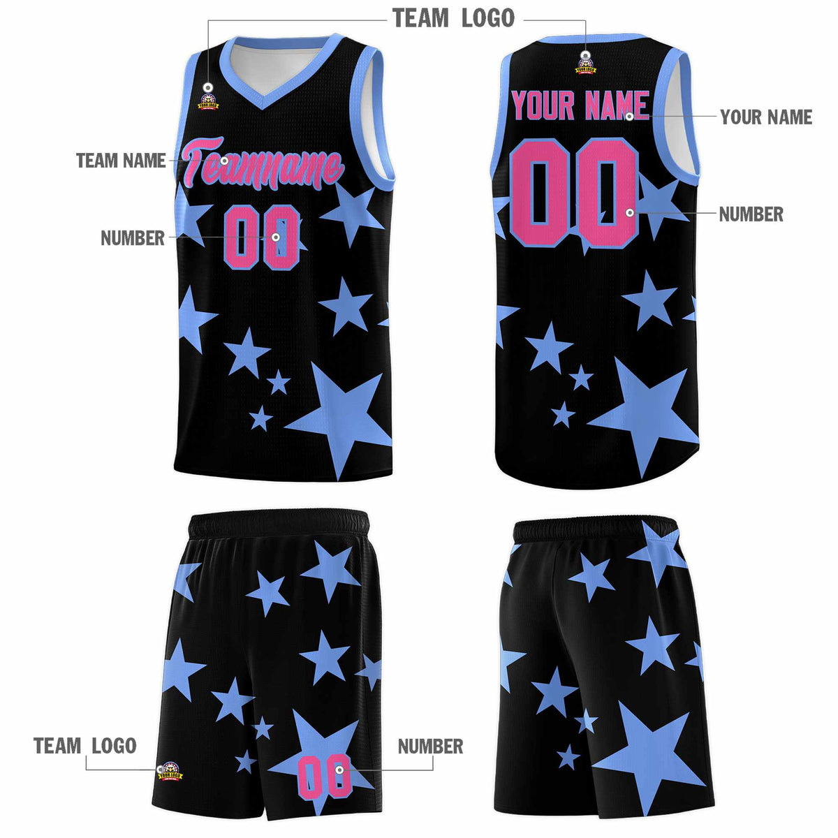 Custom Black Light Blue Graffiti Pattern Star Print Basketball Jersey Kits|KXKSHOP