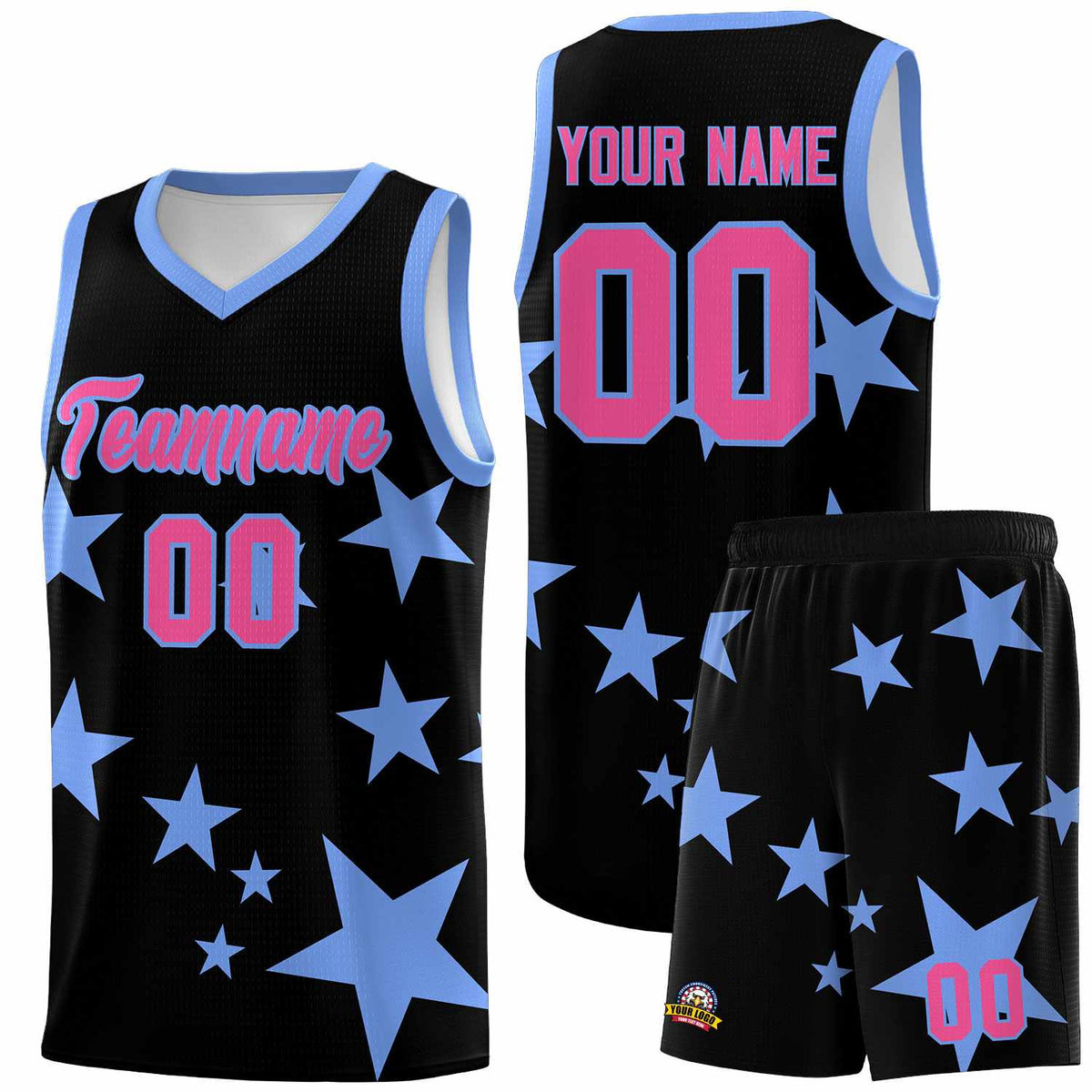 Custom Black Light Blue Graffiti Pattern Star Print Basketball Jersey Kits|KXKSHOP
