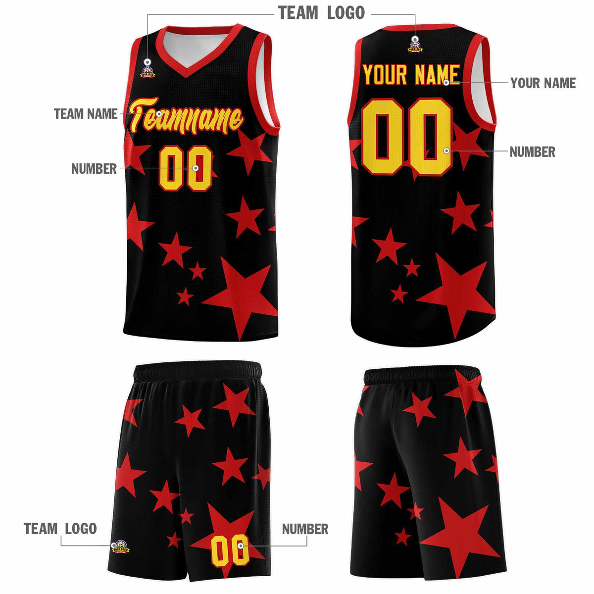 Custom Black Red Graffiti Pattern Star Print Basketball Jersey Kits|KXKSHOP