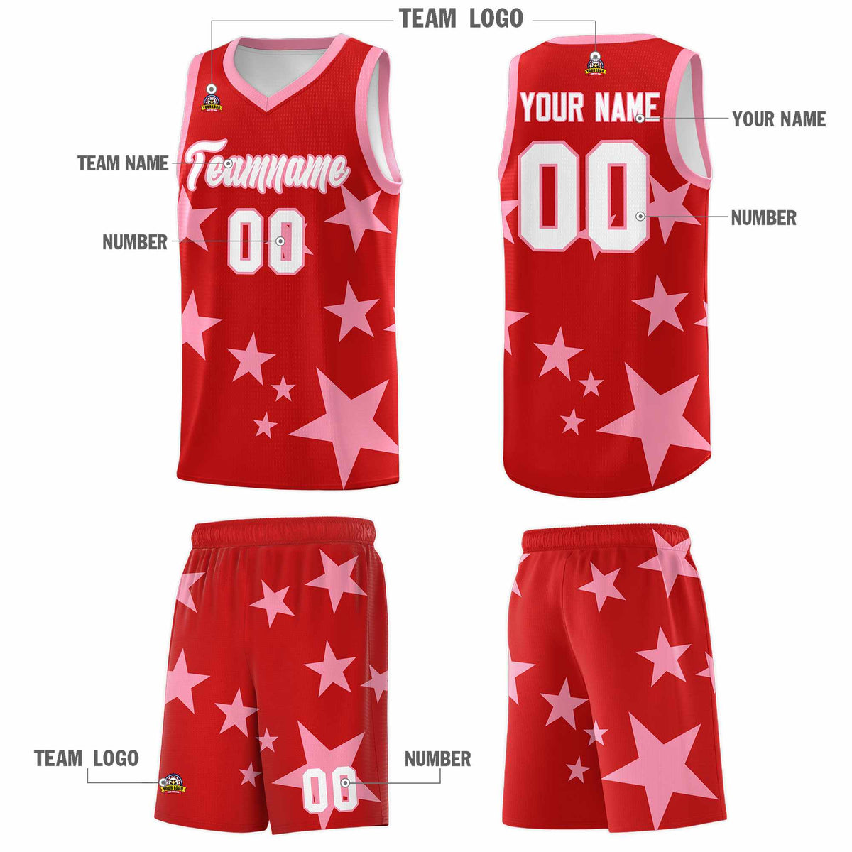 Custom Red Light Pink Graffiti Pattern Star Print Basketball Jersey Kits|KXKSHOP