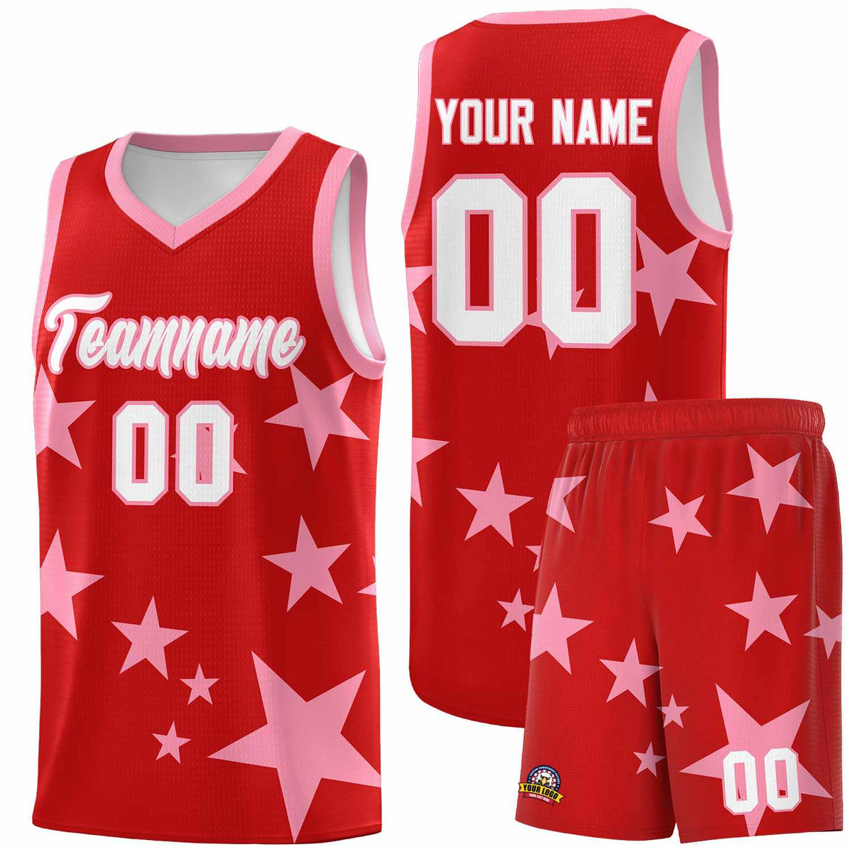 Custom Red Light Pink Graffiti Pattern Star Print Basketball Jersey Kits|KXKSHOP