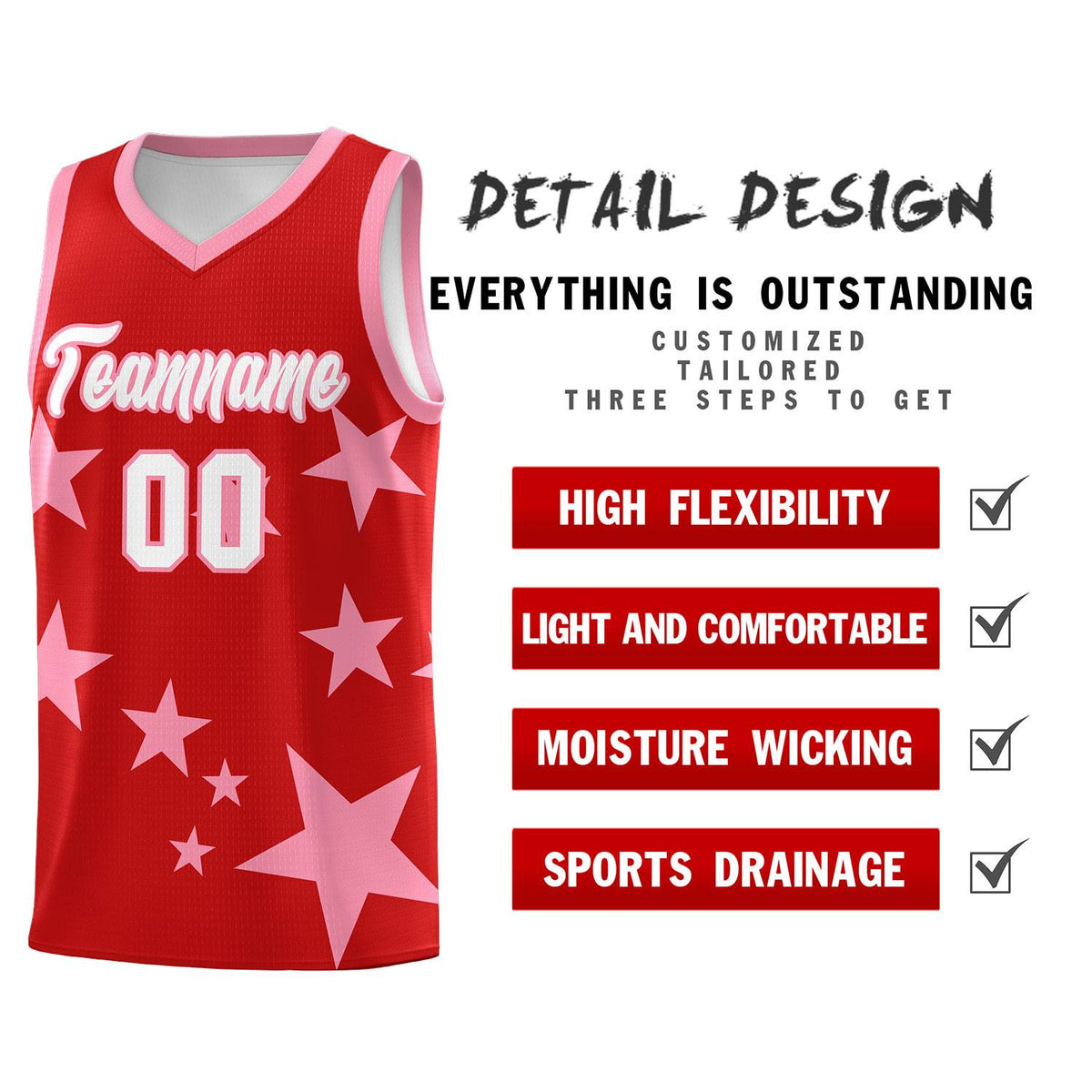 Custom Red Light Pink Graffiti Pattern Star Print Basketball Jersey Kits|KXKSHOP
