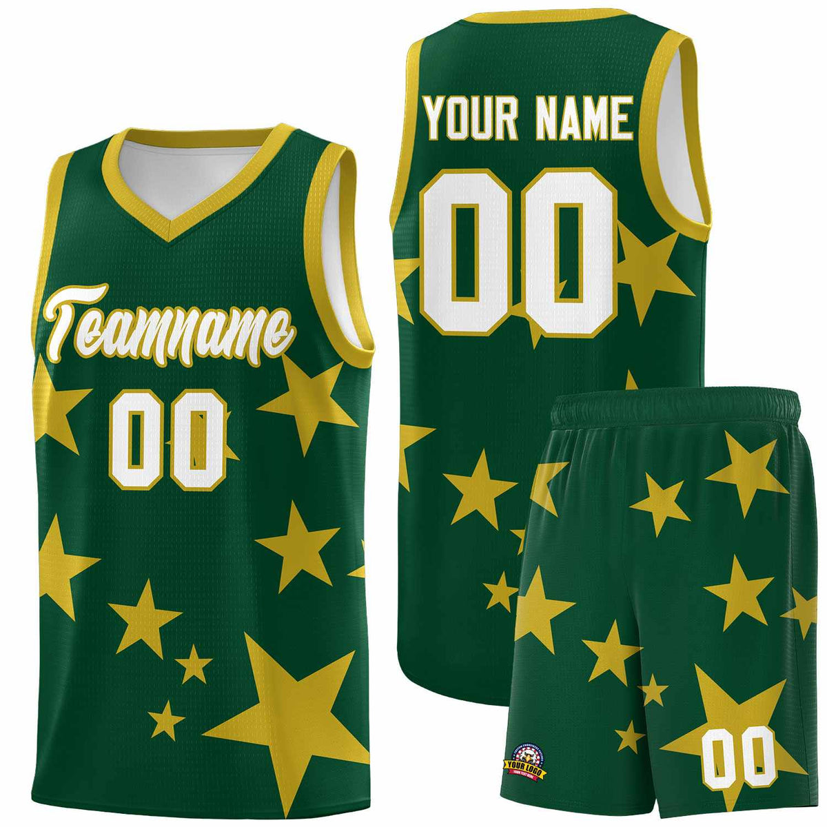 Custom Green Old Gold Graffiti Pattern Star Print Basketball Jersey Kits|KXKSHOP