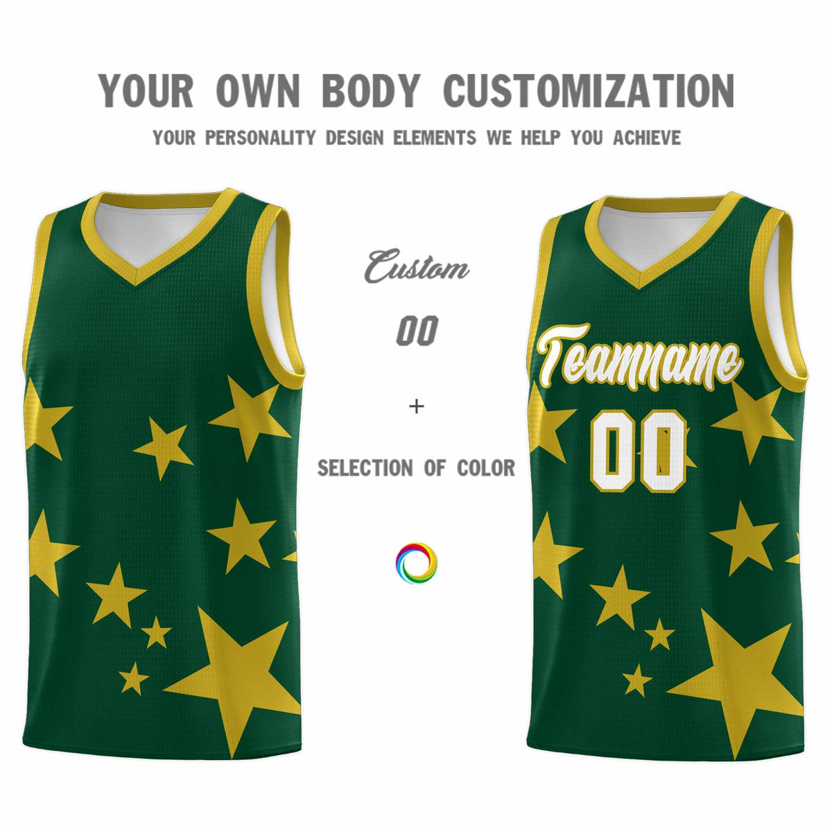 Custom Green Old Gold Graffiti Pattern Star Print Basketball Jersey Kits|KXKSHOP