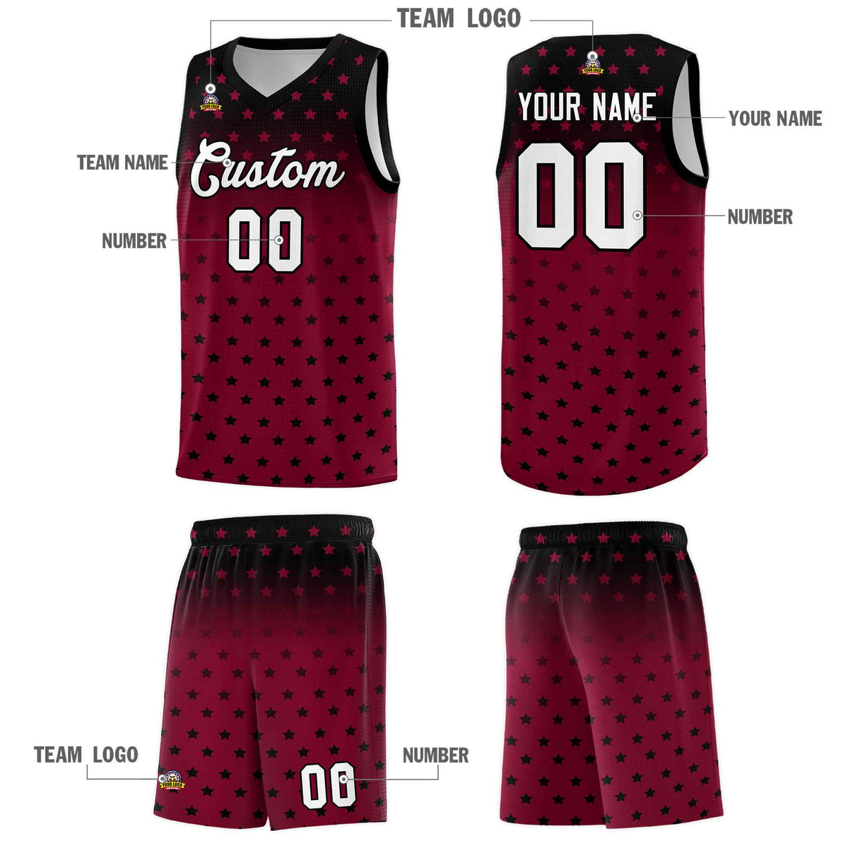 Custom Black Crimson Gradient Start Pattern Basketball Jersey Kits|KXKSHOP