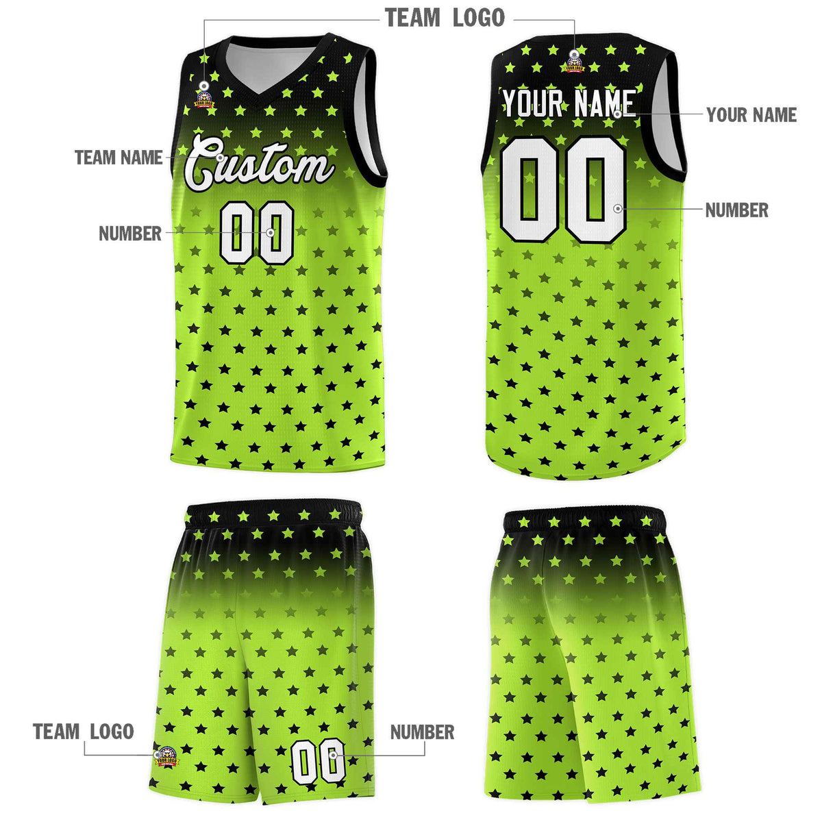 Custom Black Light Green Gradient Start Pattern Basketball Jersey Kits|KXKSHOP