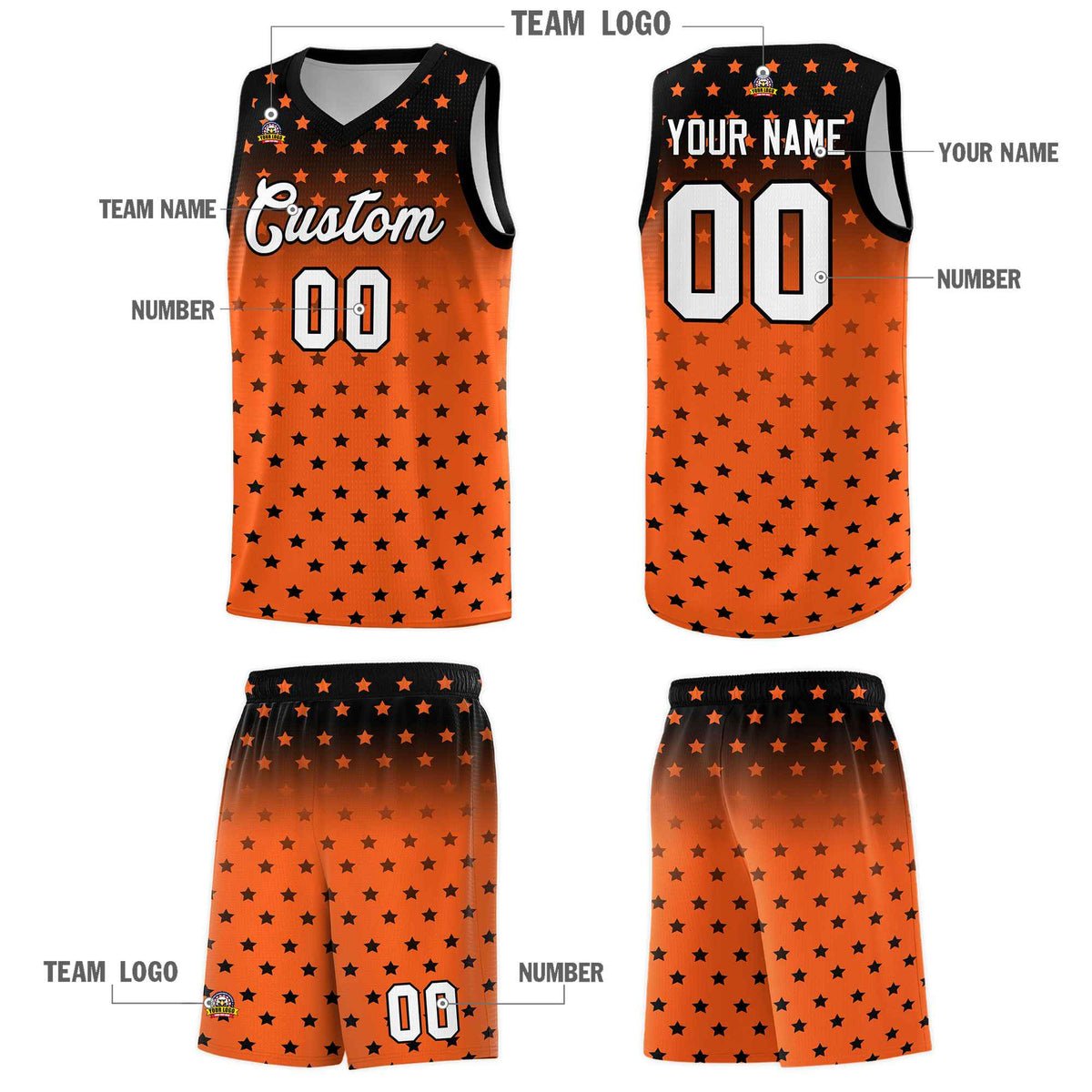 Custom Black Orange Gradient Start Pattern Basketball Jersey Kits|KXKSHOP