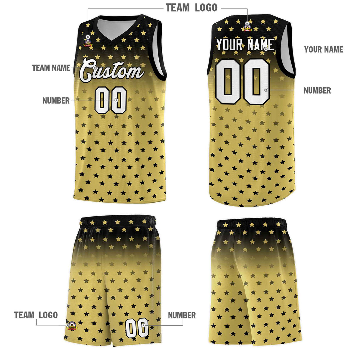 Custom Black Old Gold Gradient Start Pattern Basketball Jersey Kits|KXKSHOP