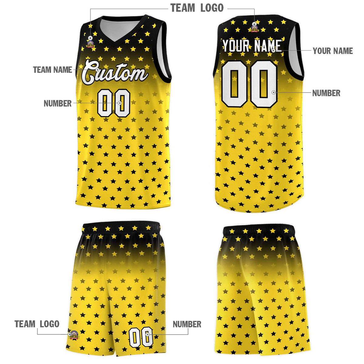 Custom Black Gold Gradient Start Pattern Basketball Jersey Kits|KXKSHOP