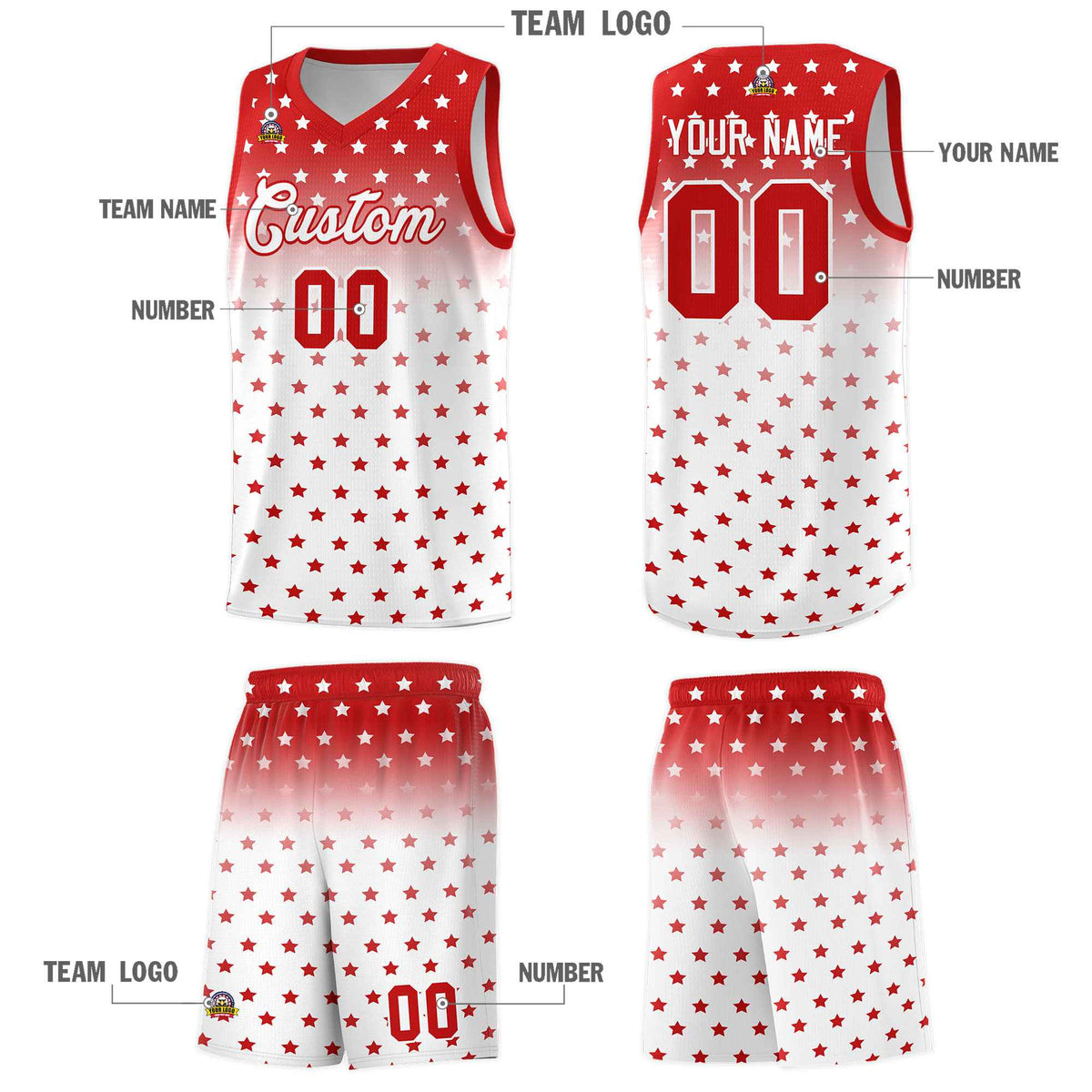 Custom Red White Gradient Start Pattern Basketball Jersey Kits|KXKSHOP