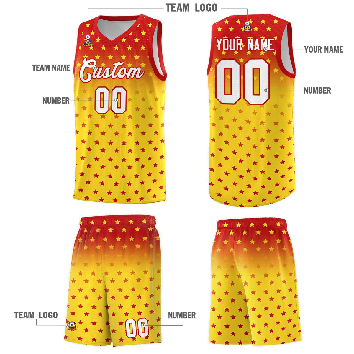 Custom Red Gold Gradient Start Pattern Basketball Jersey Kits|KXKSHOP