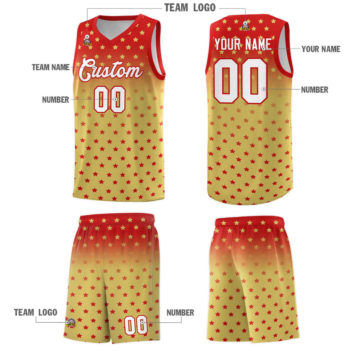 Custom Red Old Gold Gradient Start Pattern Basketball Jersey Kits|KXKSHOP