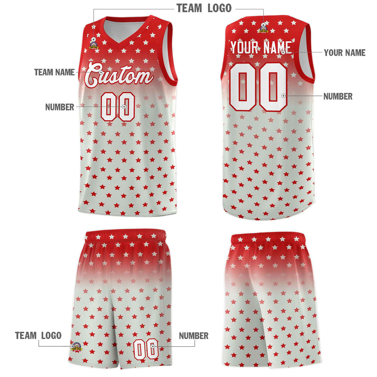 Custom Red Gray Gradient Start Pattern Basketball Jersey Kits|KXKSHOP