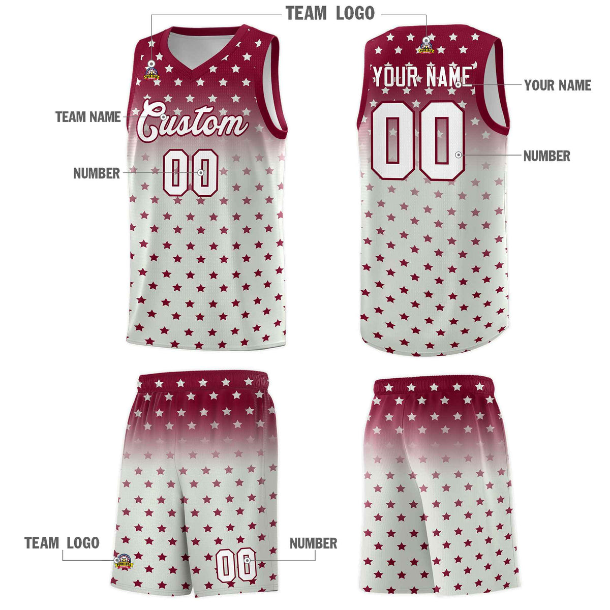 Custom Crimson Gray Gradient Start Pattern Basketball Jersey Kits|KXKSHOP