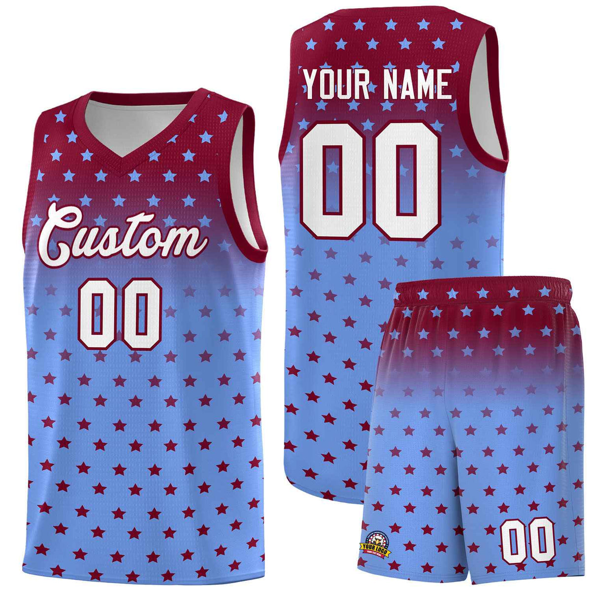 Custom Crimson Light Blue Gradient Start Pattern Basketball Jersey Kits|KXKSHOP