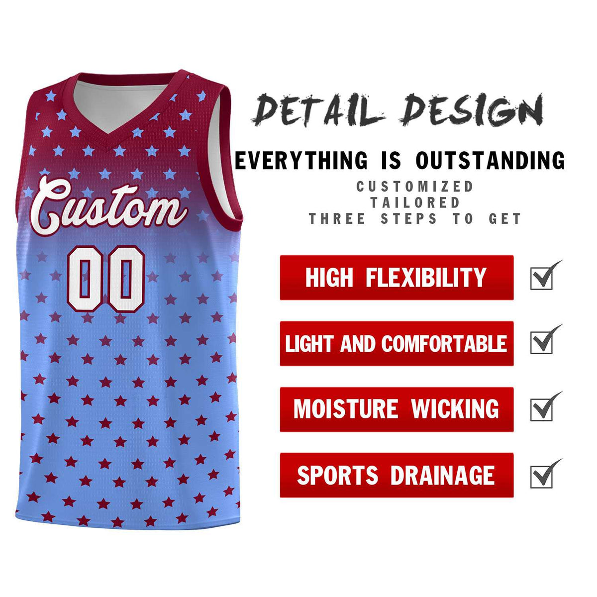 Custom Crimson Light Blue Gradient Start Pattern Basketball Jersey Kits|KXKSHOP